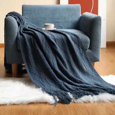 Inspire Curations Cream White Textured Knitted Throw Blanket With Tassels cl Navy 127x172cm