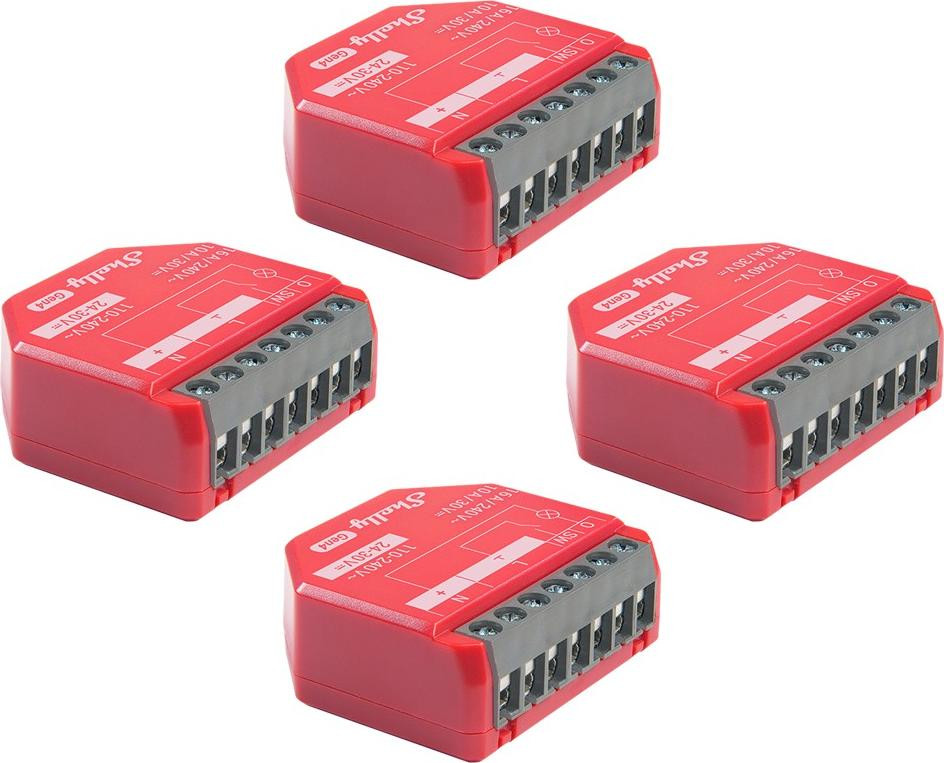 Shelly Relais 1PM Gen4, 4-delig pakket, max. 16A, 1 kanaal, met stroommeetfunctie, WLAN, Matter, Zigbee en Bluetooth