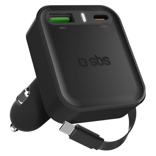 SBS KFZ Lader, 1x USB-C PD & 1x USB-A, 1x 60cm ausziehb. USB-C Kabel, 65 W (TECRRETPD65W)