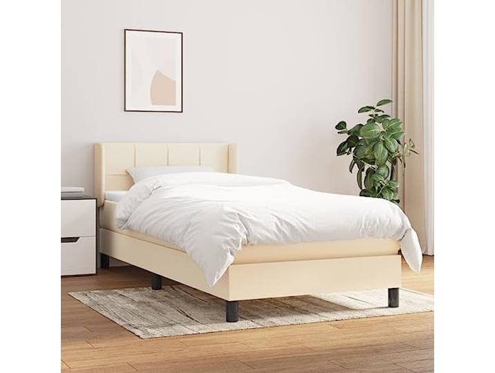 Atmungsaktiver Stoff mit Taschenfederkern verstellbares Kopfteil Creme Boxspringbett mit Matratze Creme 100x200 cm Stoff Bett mit Taschenfederkern und Topper Höhenverstellbares Kopfteil