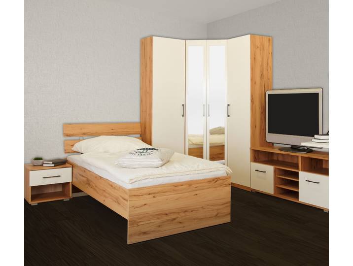 Jugendzimmer-Set PRIESS Lissabon , braun (astkernbuche, lichtweiß), B/H: 90cm x 200cm, Holzwerkstoff, Schlafzimmermöbel-Sets, Jugendzimmer-Set, 6-teiliges Set