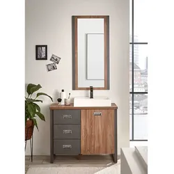 Gäste WC Möbel in Eiche dunkel und Grau Aufsatzbecken (zweiteilig)