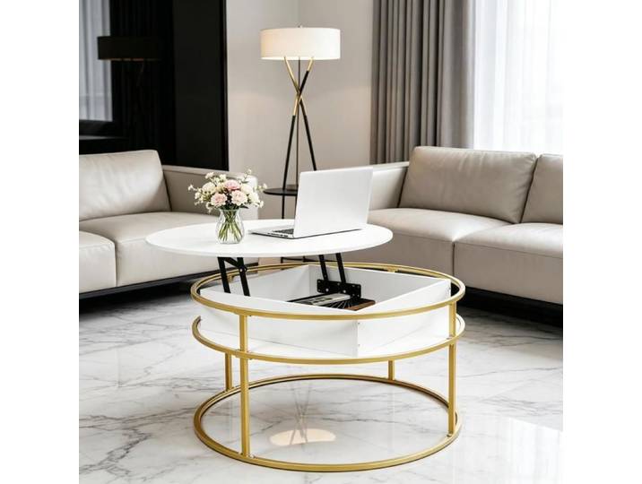 2 en 1 Table Basse Relevable 80x80 cm VIVOLILV Ajustable en hauteur Rangement Caché Style Industriel Vintage pour Salon Blanc Or