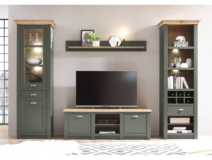 Wohnwand HOME AFFAIRE Cambridge, moderne Anbauwand, Metallgriffen, Komplettset, Landhausstil , grün (grün, grün, applikation wotan eiche dekor), B:308cm, Holzwerkstoff, Kastenmöbel-Sets, Wohnwand, enthält Regal, Vitrine, Lowboard und Wandboard, ohne Beleuchtung