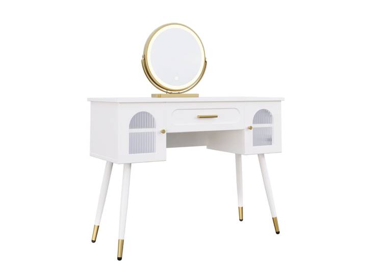 Coiffeuse avec miroir led en panneau de particules blanc et doré