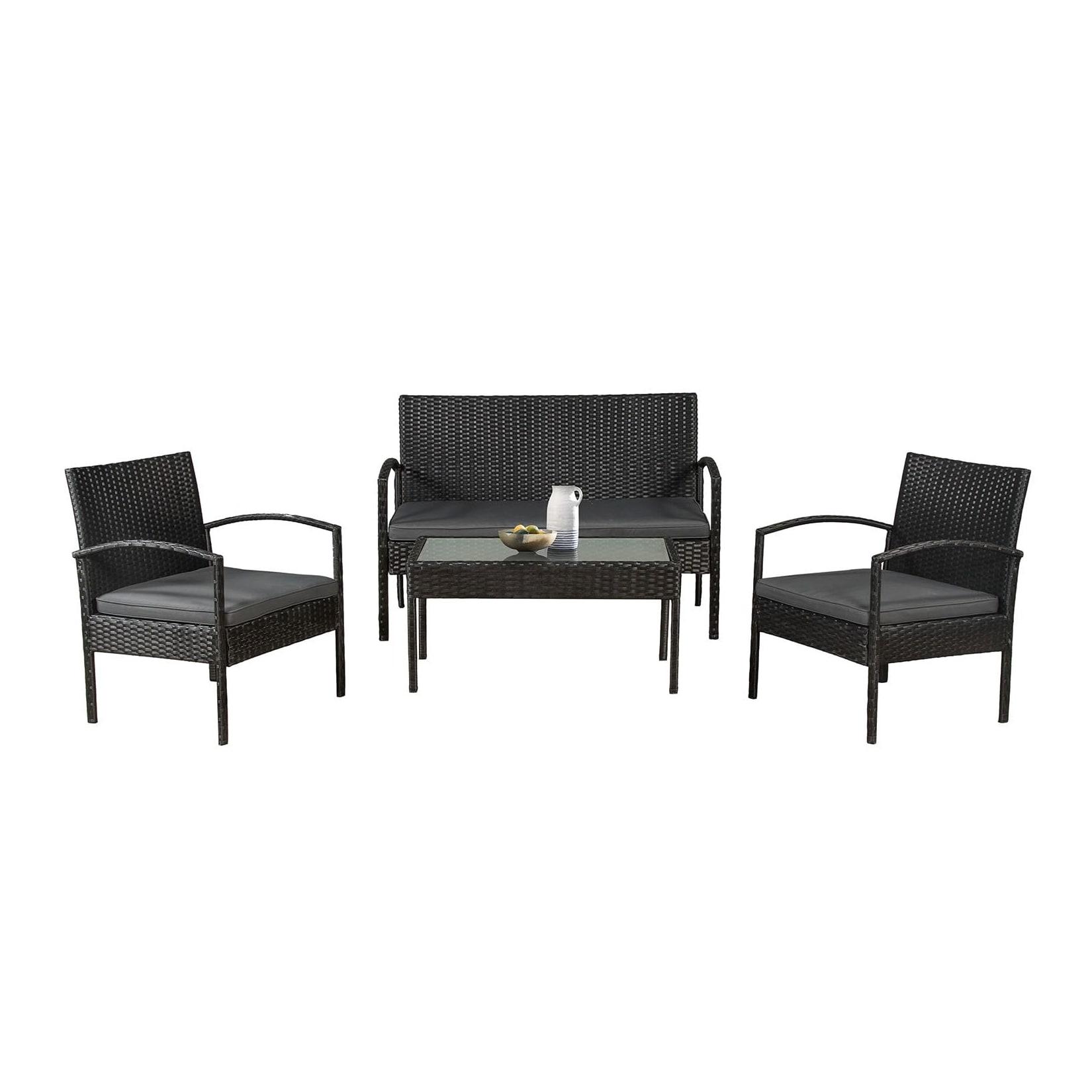 Juskys Polyrattan Balkonmöbel Trinidad schwarz, 4 Personen - Tisch, Bank, 2 Stühle, graue Auflagen
