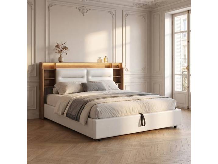 Lit coffre 160x200 en similicuir blanc avec casiers tête rangement 3D – Lit hydraulique double design minimaliste avec rangement