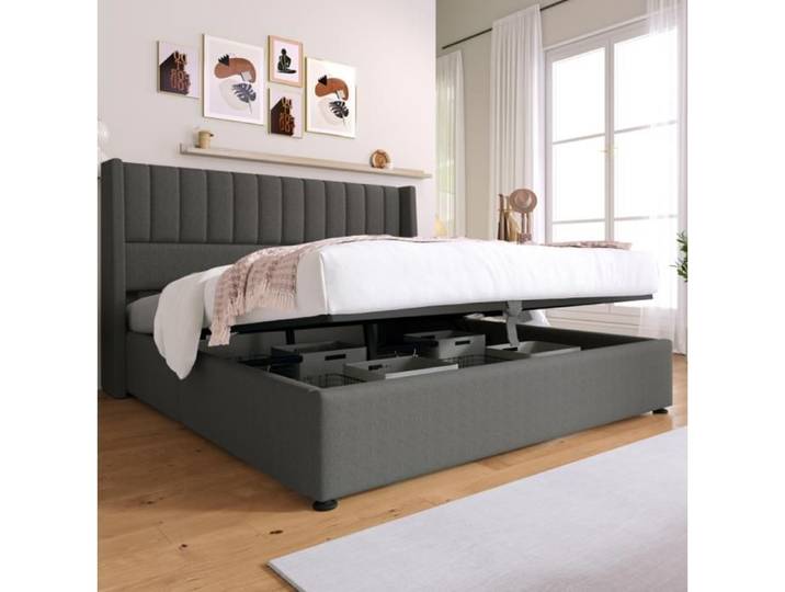 lit coffre 140x200 cm SENVIRO design capitonné gris