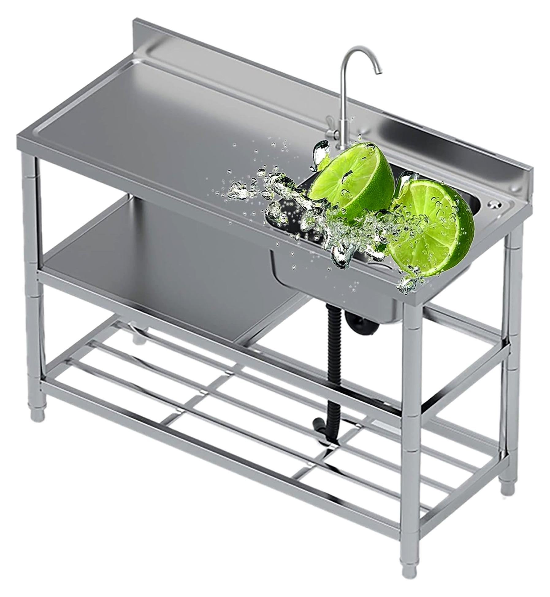Freistehende Außenspüle aus Edelstahl mit Wasserhahn und Abtropffläche für die Gastronomie