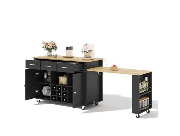 Ropilly Kücheninsel mit ausziehbarer Arbeitsplatte aus MDF Mobile Kücheninsel mit Stauraum, Steckdose, USB, Weinregal und 7 Rollen