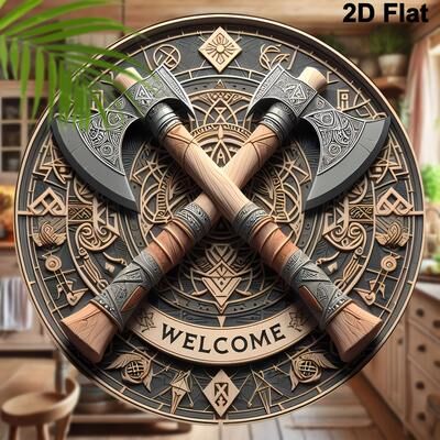 Uplift Essentials Viking Axe Welcome Sign Round Wooden Wall Decor Viking Axe Welcome Sign Round Wooden Wall Decor