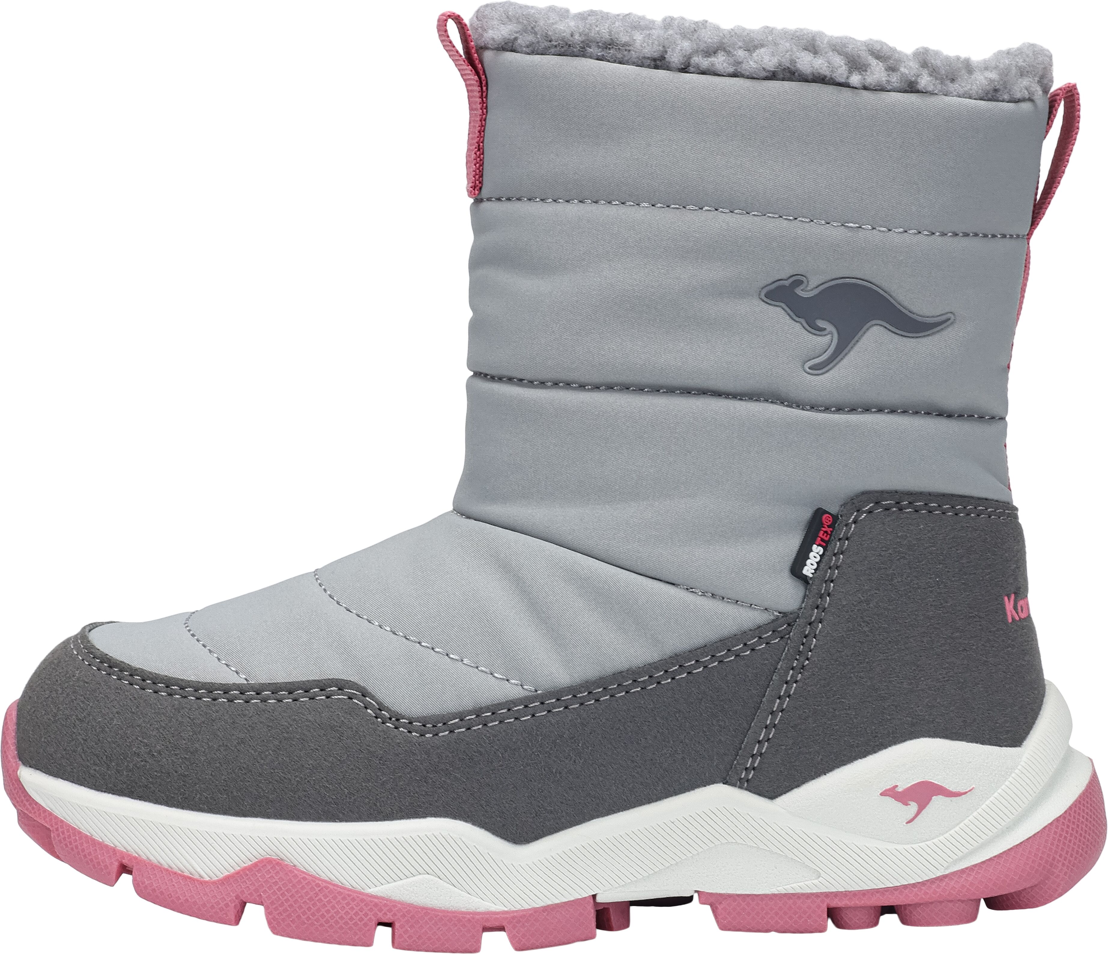 Winterboots KANGAROOS "K-FR FLOKI RTX", Jungen, Gr. 34, wasserdicht wärmend, grau (ultimate grau, dusty rose), Synthetik, Textil, Schuhe Winterboots, Wasserdicht, Warmfutter,Winterschuhe, Winterstiefel, Snowboots ultimate grau, dusty rose 34, wasserdicht 
