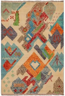 Treasured Knots Boho Chic Balochi Galindo Beige/Blue Hand Knotted Wool Rug - 3'6'' x 5'1''