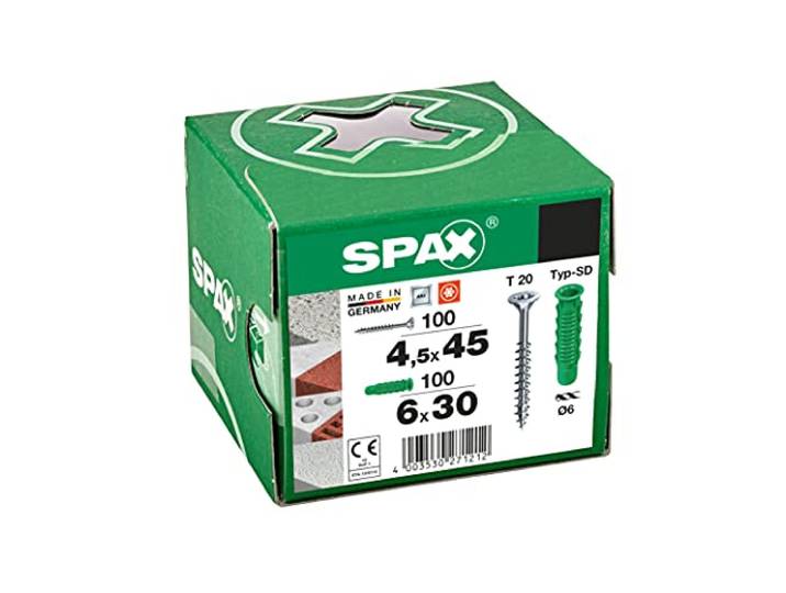 SPAX Kit de Fixation 200 pcs. Vis 4\,5x45 mm et Chevilles SD 6x30\, T20 Set de 100 vis universelles et 100 chevilles nylon pour beton\, brique\, beton cellulaire et pierre naturelle durable