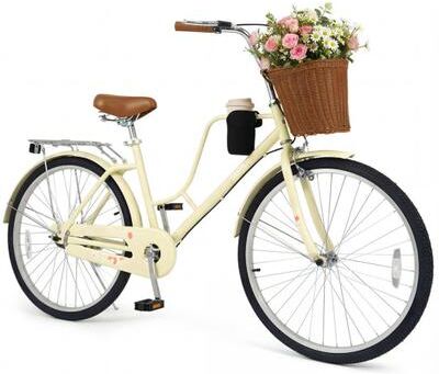 Costway 26-Inch Beach Cruiser Bike with Cup Holder and Woven Basket - Beige