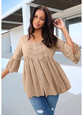 Plus Size Women's Taylor Acid Wash Big Shirt by Roaman's in New Khaki (Size 18 W)