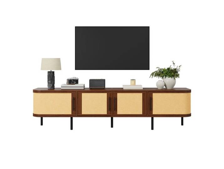 Armoire TV 4 portes Poignées noires Pieds en fer Noyer Corpus MDF Table de télévision moderne avec Espace de rangement