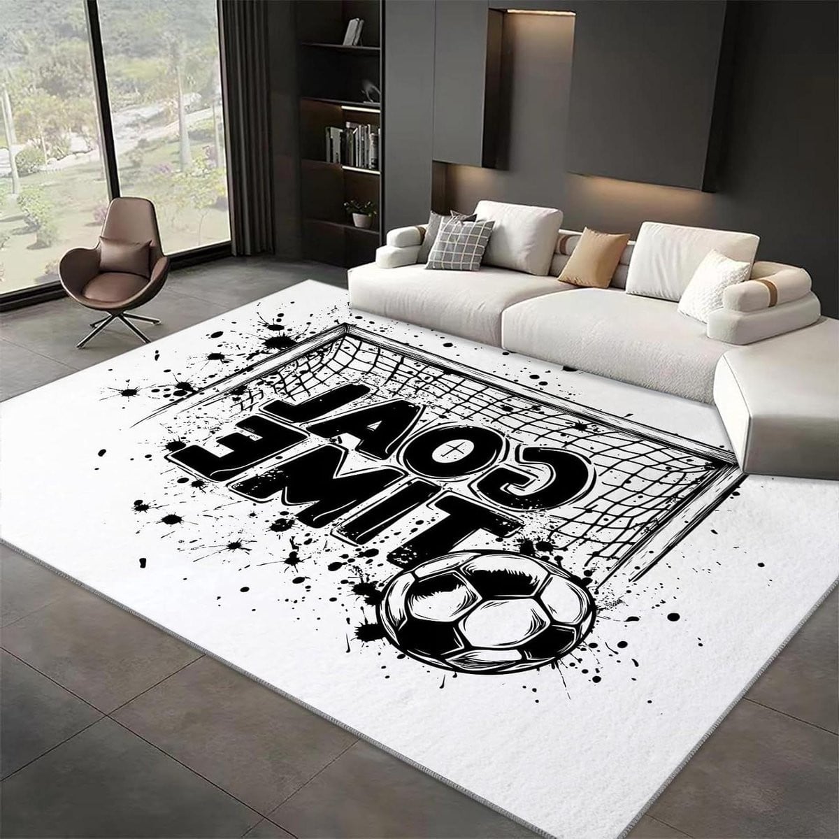 Handgeschilderd Vloerkleed Voetbal Design - Wit - 120 x 180 cm