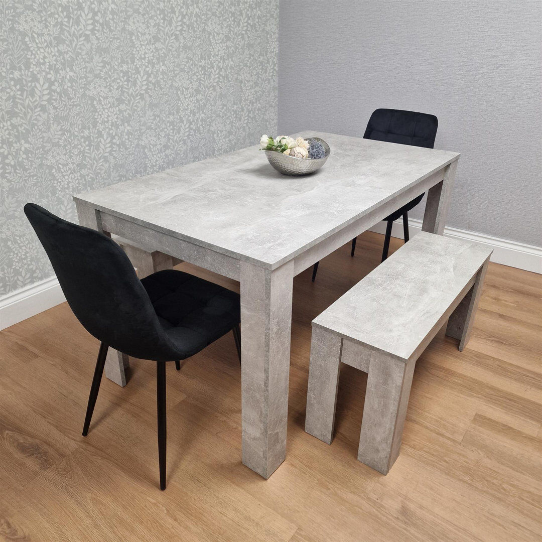 Fairmont Park Dining Table Set with 2 Velvet Chairs and 2 Benches, Stone Effect Wood Table, Modern Dining Room Furniture Black 4