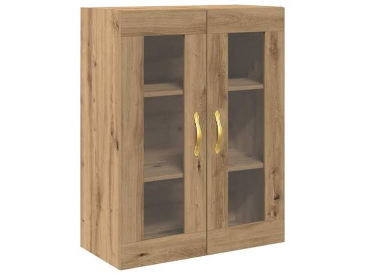 Wandschrank Artisan-Eiche 69,5x34x90 cm Holzwerkstoff mit Glastüren Wandmontiert, schwebende Optik, goldene D-Griffe, einfache Reinigung, Innenbereich