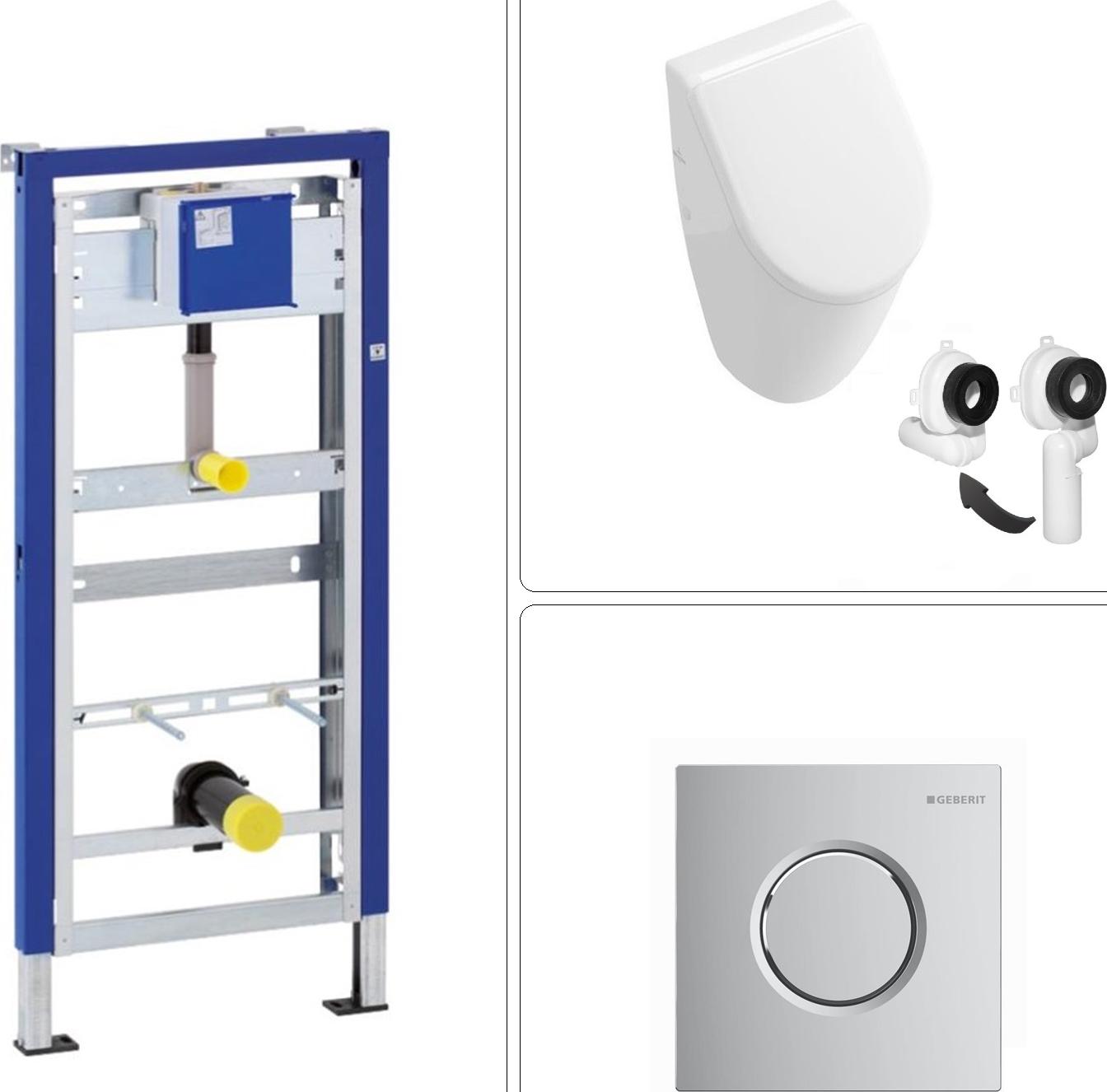 VILLEROY & BOCH SUBWAY Urinal mit SoftClose Deckel & GEBERIT Vorwandgestell + Betätigungsplatte, chrom