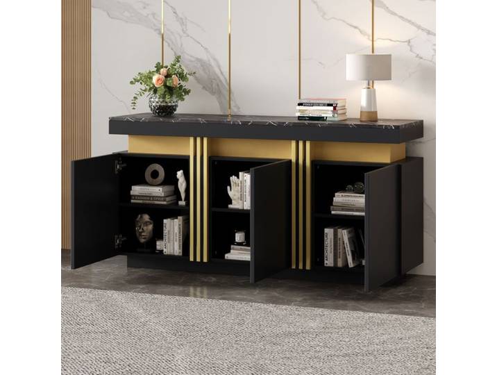 LPOSPI Buffet rangement 3 placards 6 niches réglables 1 surface supérieure panneau particules 140x38x70 cm noir marbre platine
