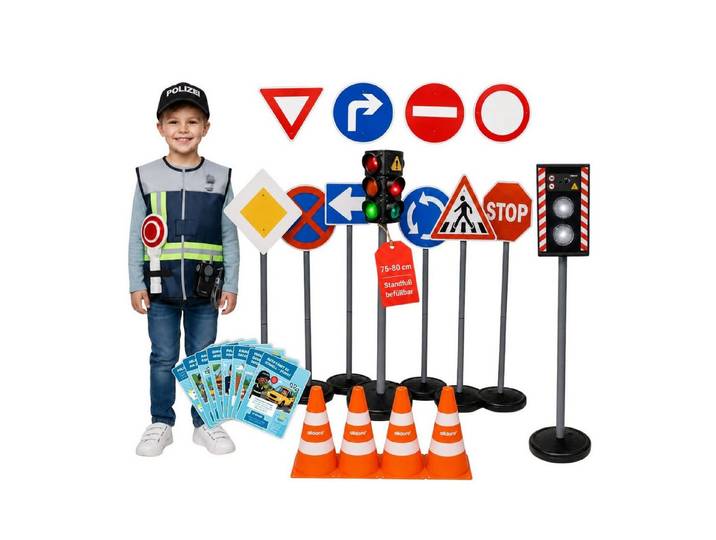 alldoro Spiel-Verkehrszeichen XXL Verkehrs- & Polizei-Rollenspiel-Set mit Ampel, Schildern + Blitzer, 75-80 cm, Verkehrsampel + Blitzer mit Licht & Sound + Verkehrszeichen