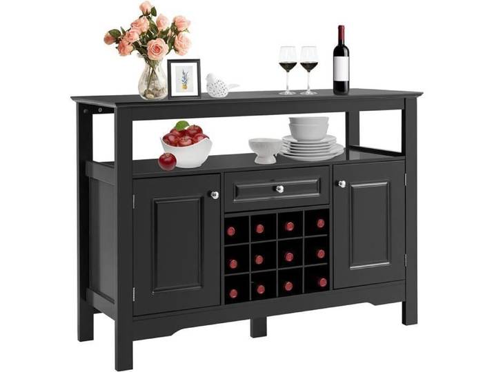 GOPLUS Buffet de Cuisine avec Support Amovible de Rangement pour 12 Bouteilles Étagère Tiroir Armoire 116X40X82CM Noir