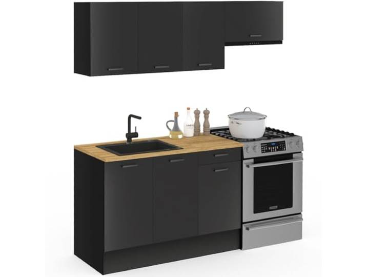 IDMarket - Cuisine complète 180 cm SUBTIL avec plan de travail 5 éléments noir et plateaux bois