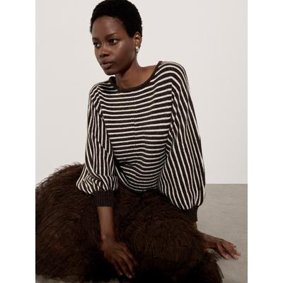 Rundhalspullover APRICOT "Gestreifter Pullover", Damen, Gr. 1, schwarz-weiß (braun), gestrickt, , Modisch, normal, Rundhals, Rippbündchen, Pullover Rundhalspullover, mit Fledermausärmeln