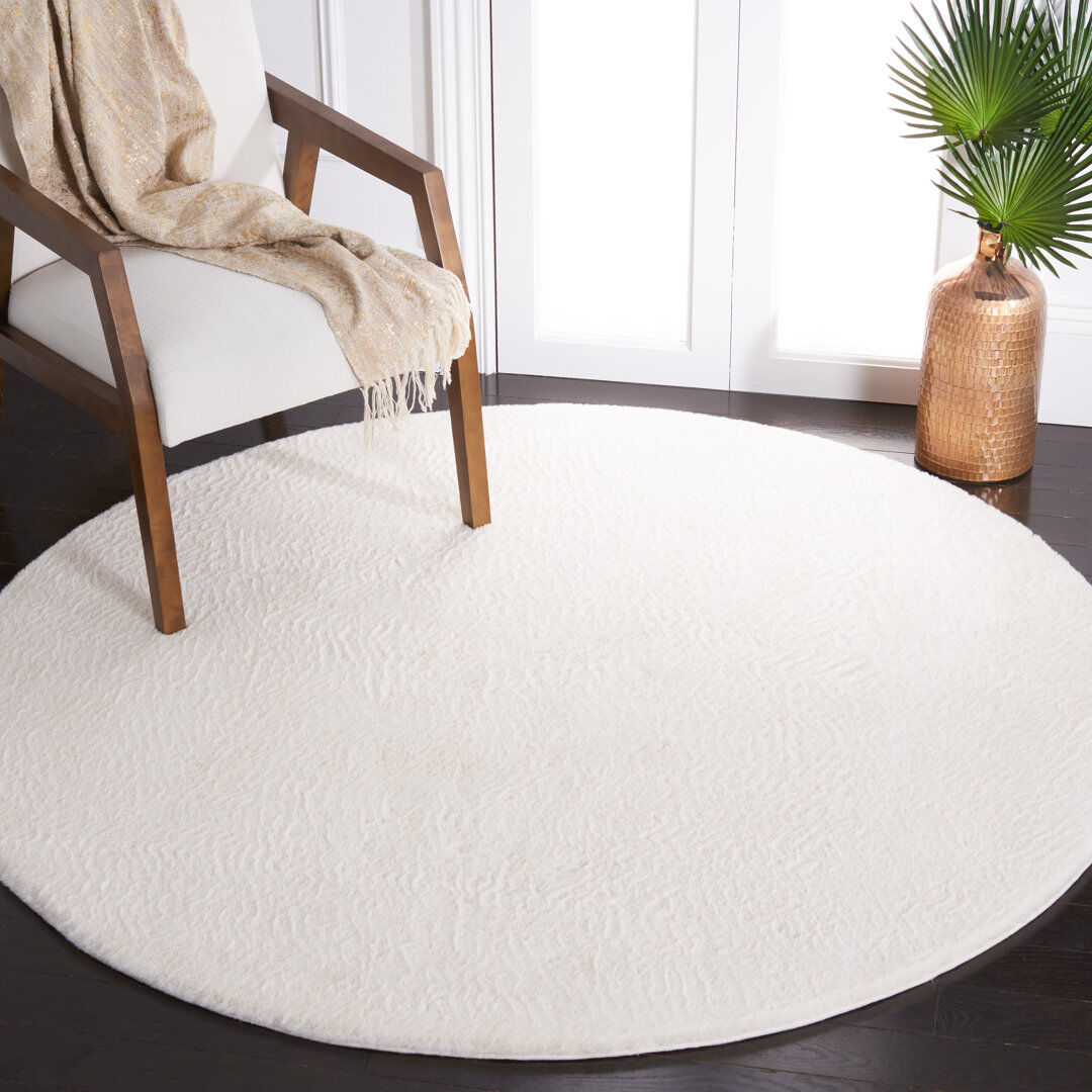 Blue Elephant Faux Rabbit Fur Area Rug In Off White Off White Round 122cm