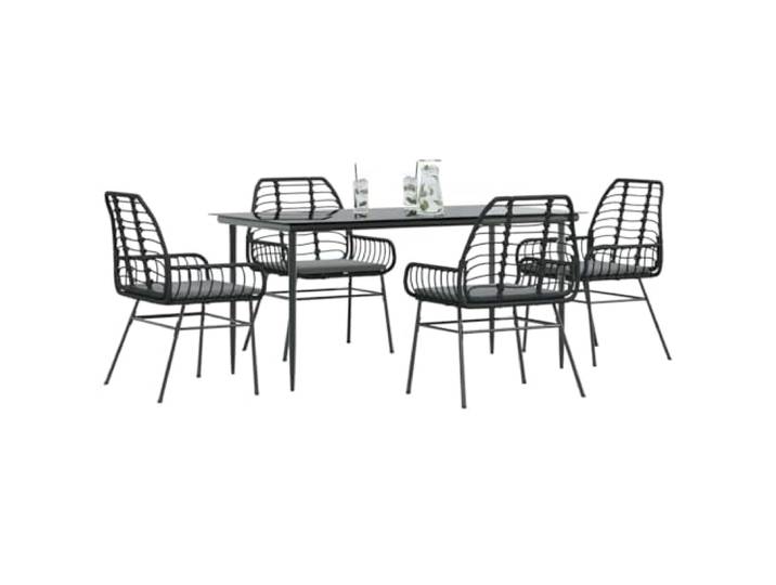 HEFZGDB 5-TLG. Garten-Essgruppe mit Kissen Schwarz Poly Rattan Glas Tischplatte, Wetterfeste PE Rattan Möbel Set für Terrasse, Langlebiges Outdoor Esstisch Set mit Stahlgestell