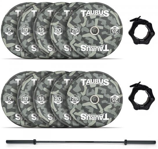 Taurus 150 kg Camo Bumper Olympic Weight Set with 20 kg Black Barbell