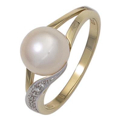 Perlenring JOBO Gr. 50, gelb (gelbgold 585), Fingerringe, Damen, 50, SI = kleine Einschlüsse, Diamanten Gelbgold 585 Perlen, Diamanten, Gelbgold 585, Perlen, Perlenring, 585 Gold mit Süßwasser-Zuchtperle und 6 Diamanten