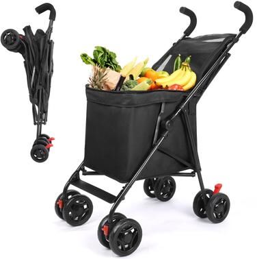 Friendly Fresh Finds Folding Shopping Cart Pet Stroller With Removable Basket black