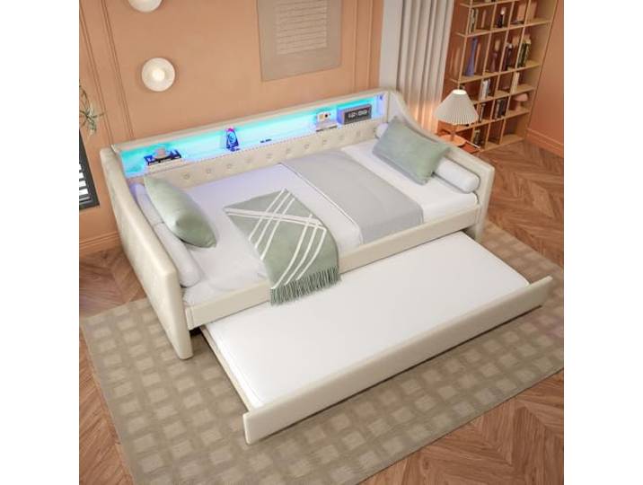 BTM 90 * 200cm Daybett ohne Matratze Mit LED-Leuchten Bett mit Ausziehbarem Bett Linen Beige