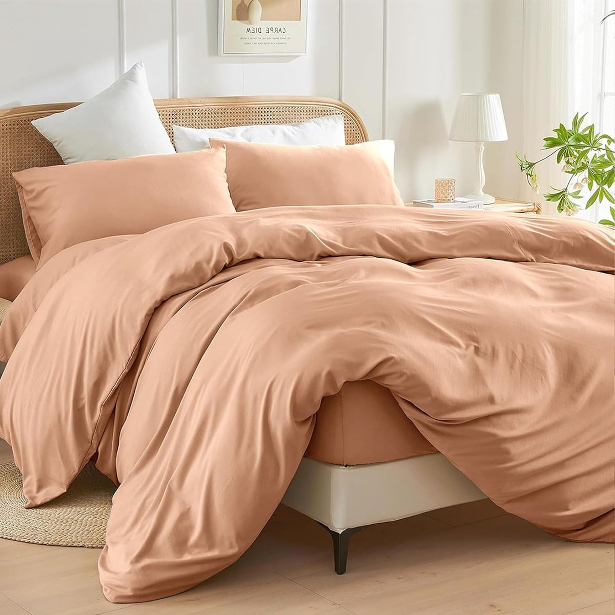 Super kingsize dekbedovertrekset - 3-delige geborstelde microfiber beddengoedset met knoopsluiting - perzik
