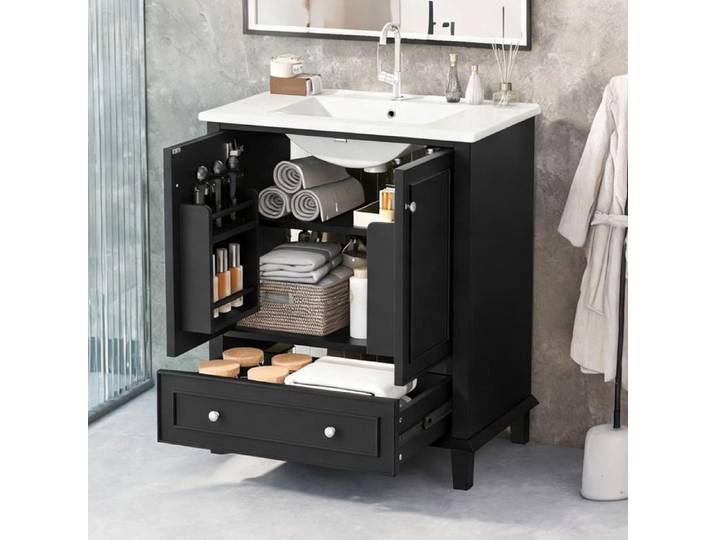 Meuble vasque 73x45x87 cm en MDF et bois massif vasque céramique intégrée finition laquée pour salle de bain contemporaine