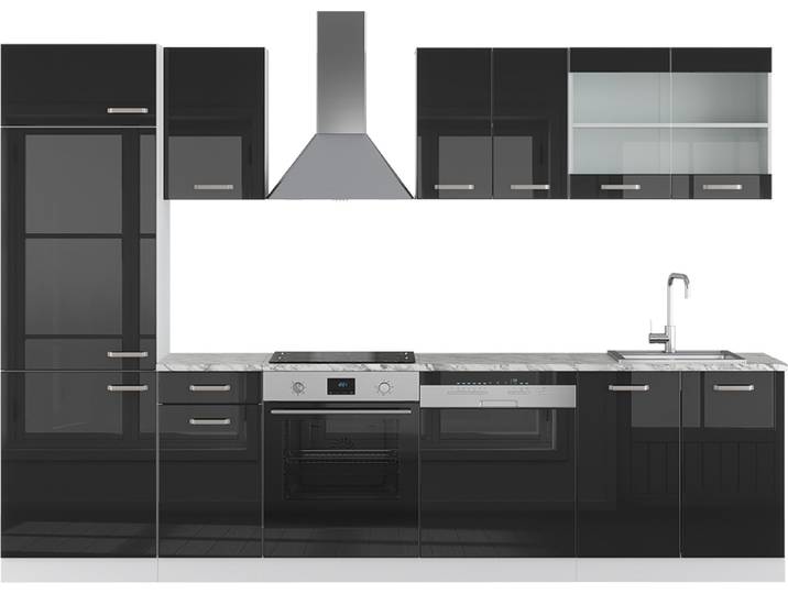 Küche Vicco R-Line Schwarz Hochglanz/Weiß 300 cm , AP Marmor, Model 40981