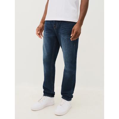 Slim-fit-Jeans TRUE RELIGION "ROCCO SN NO FLAP", Herren, Gr. 34, Länge 32, blau (damon schwarz wash), Denim/Jeans, Obermaterial: 98% Baumwolle, 2% Elasthan, slim fit lang, Jeans Slim-fit-Jeans, Baumwollmischung, slim fit