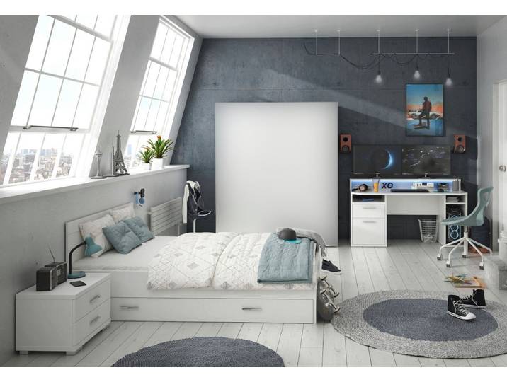 möbel-direkt.de Jugendzimmer-Set Gamingzimmer Tezaur Snow in Weiß mit Tiefziehfronten, (Komplett Set, 4-tlg., in verschiedenen Varianten wählbar), RGB- LED- Beleuchtung, ABS- Kanten, Bett mit Bettschubkasten