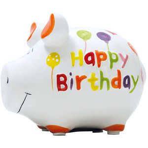 KCG Spardose 10027098 Happy Birthday, 9 x 9 x 12,5 cm, weiß