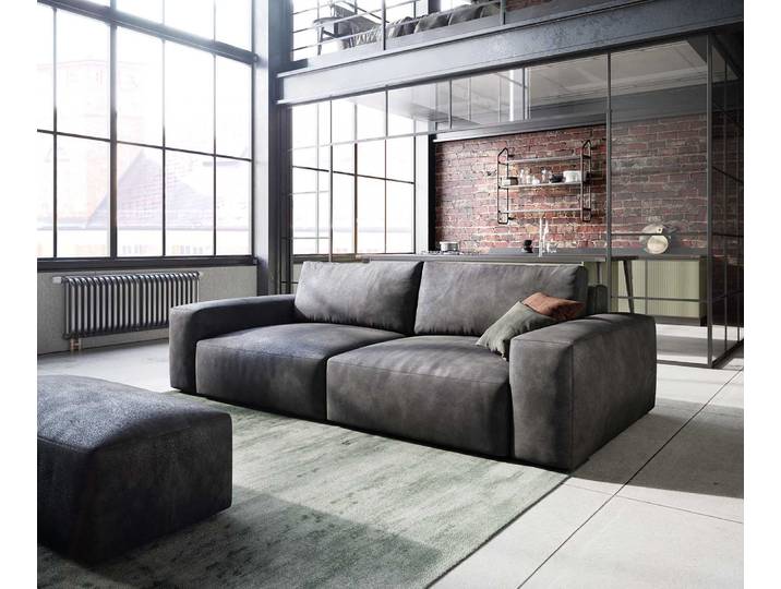 Big-Sofa Lanzo 230x95 cm Lederimitat Vintage Anthrazit mit Hocker, Big Sofas