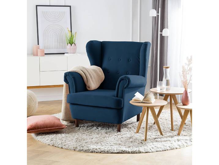 Fauteuil bergère Bleu/Bleu foncé Velours Vaia Sans repose-pieds 85 x 101 x 89cm