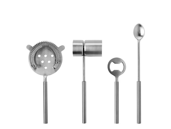 Cocktail-Set FINK STUDIO ALL IN ONE , silber (grau), Edelstahl, Cocktail-Sets, Cocktail-Set, bestehend aus Sieb, Rührlöffel, Flaschenöffner, Barmaß