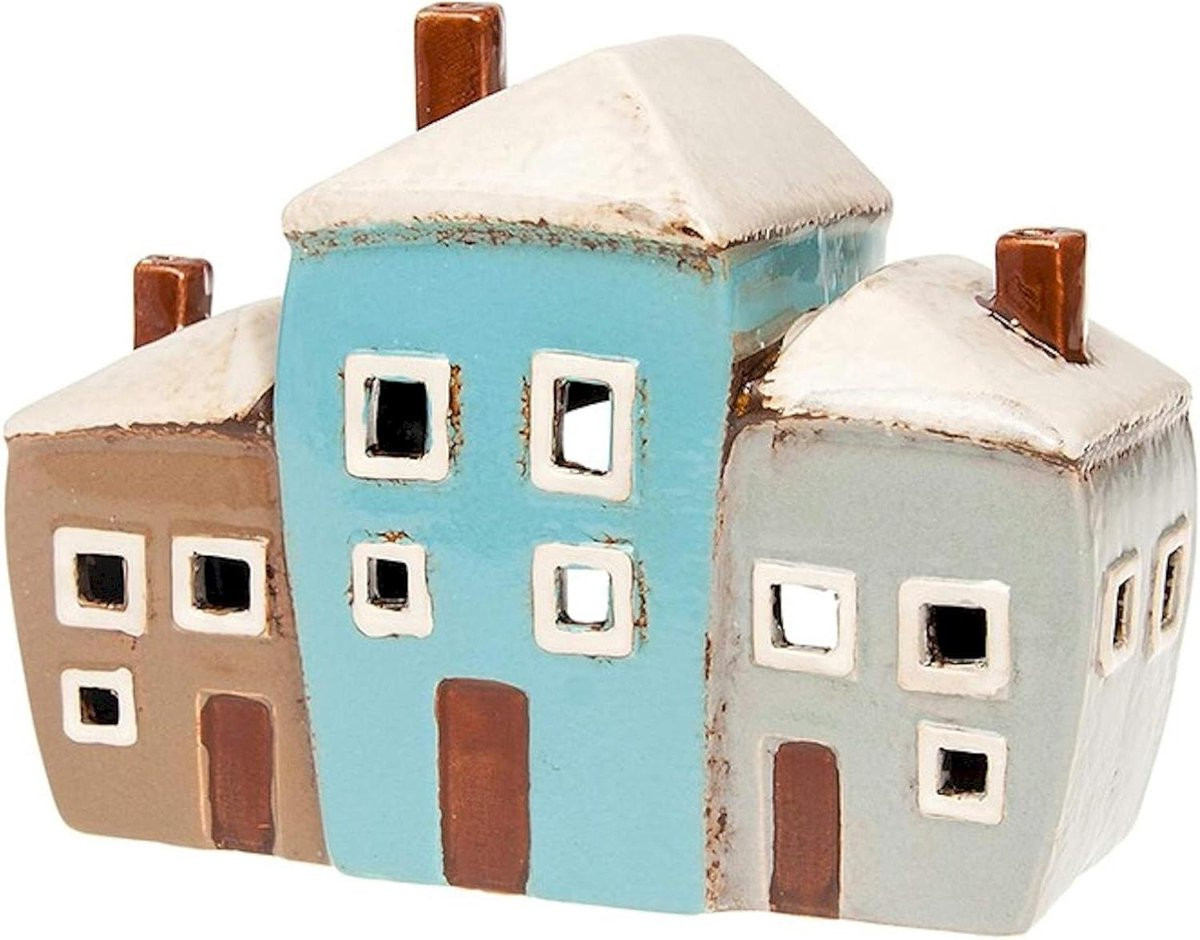 Huis Kandelaar Keramiek - Wit Theelichthouder met Hartjes - Handafgewerkt Rustiek - 19 x 14 cm