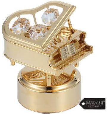 Matashi Home Decorative Tabletop Showpiece 24K Gold Plated Wind Up Music Box with Crystal Studded Grand Piano Figurine