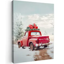 LEINWANDBILD Auto - Rot - Geschenke - Winter - Schnee - Weihnachten Wandbild Wohnzimmer 60x80 cm