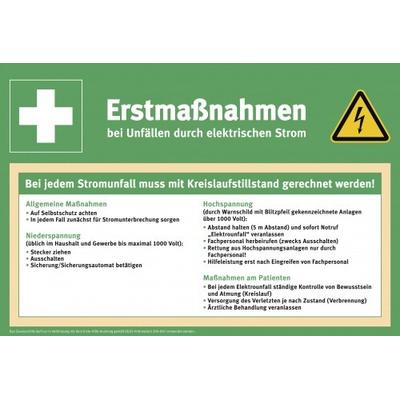 Zusatzschild Erstmaßnahmen bei Unfällen mit elektr. Strom, PVC, 410x280 mm