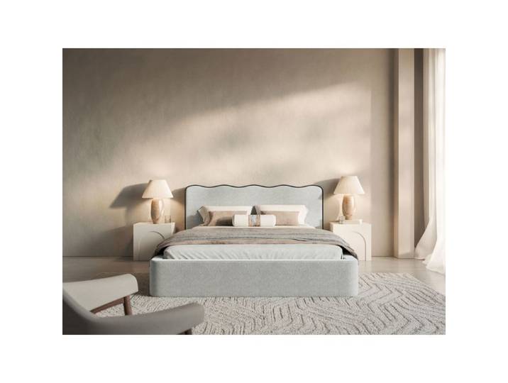 Lit tapissé avec coffre – DUNEY – 200x200 cm – en tissu tressé gris clair